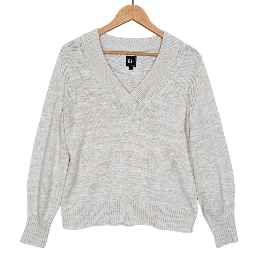 GAP Women's 100% Cotton Crossover V-Neck Marshmallow Knit Sweater Cream M